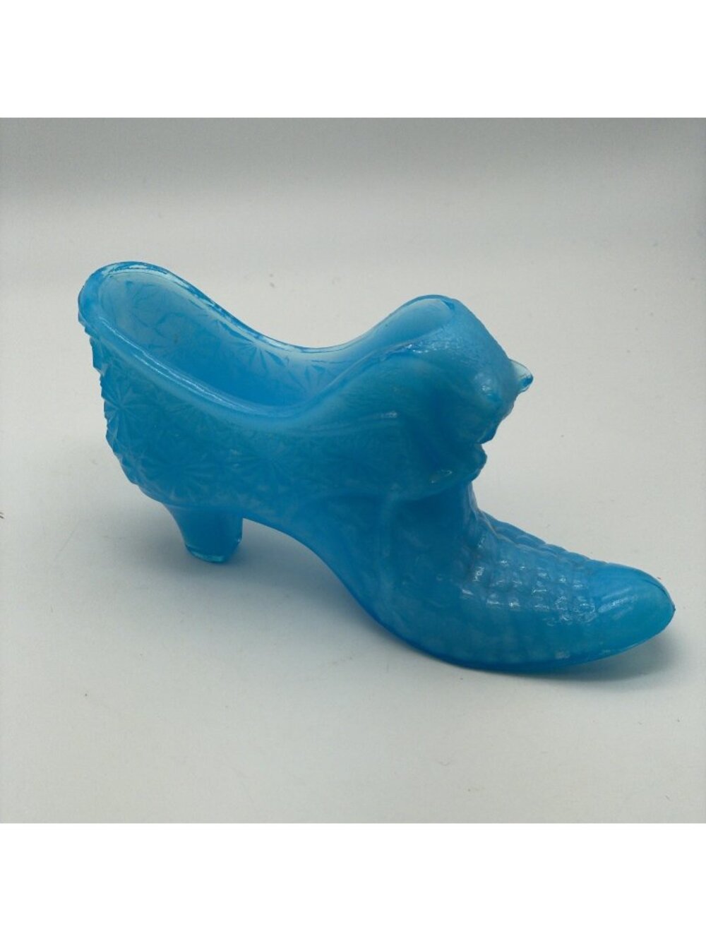 Vintage Unsigned Blue Patterned Glass Cat Head Boot Shoe Slipper Figure